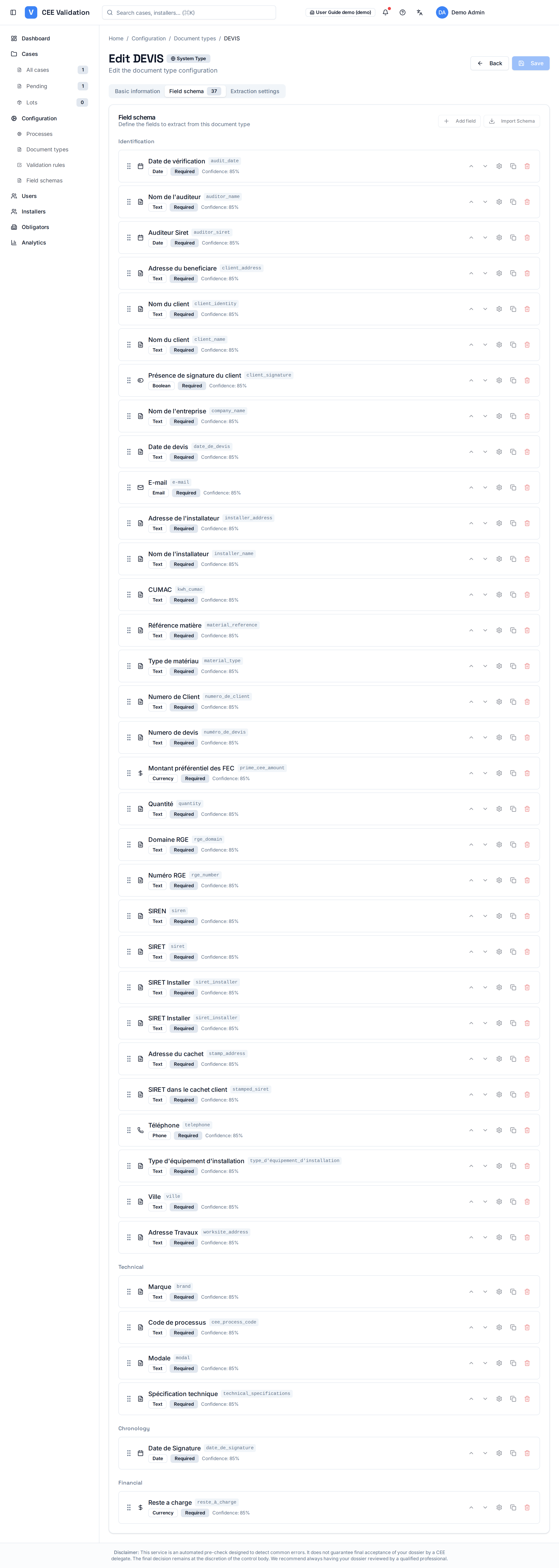 A document type's “Field schema” tab: extracted fields grouped by family, with type badge, Required badge and confidence threshold.