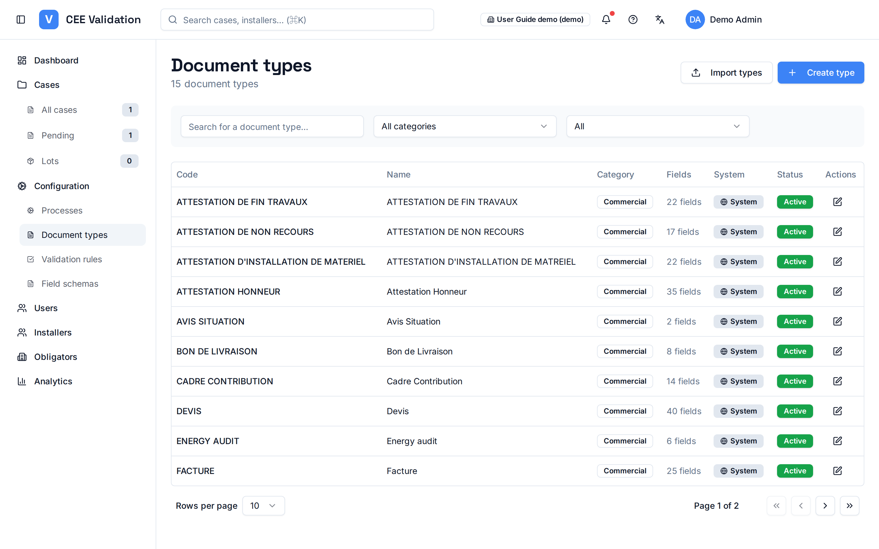 Document types page: category list with extracted-field counts and System or custom badge.