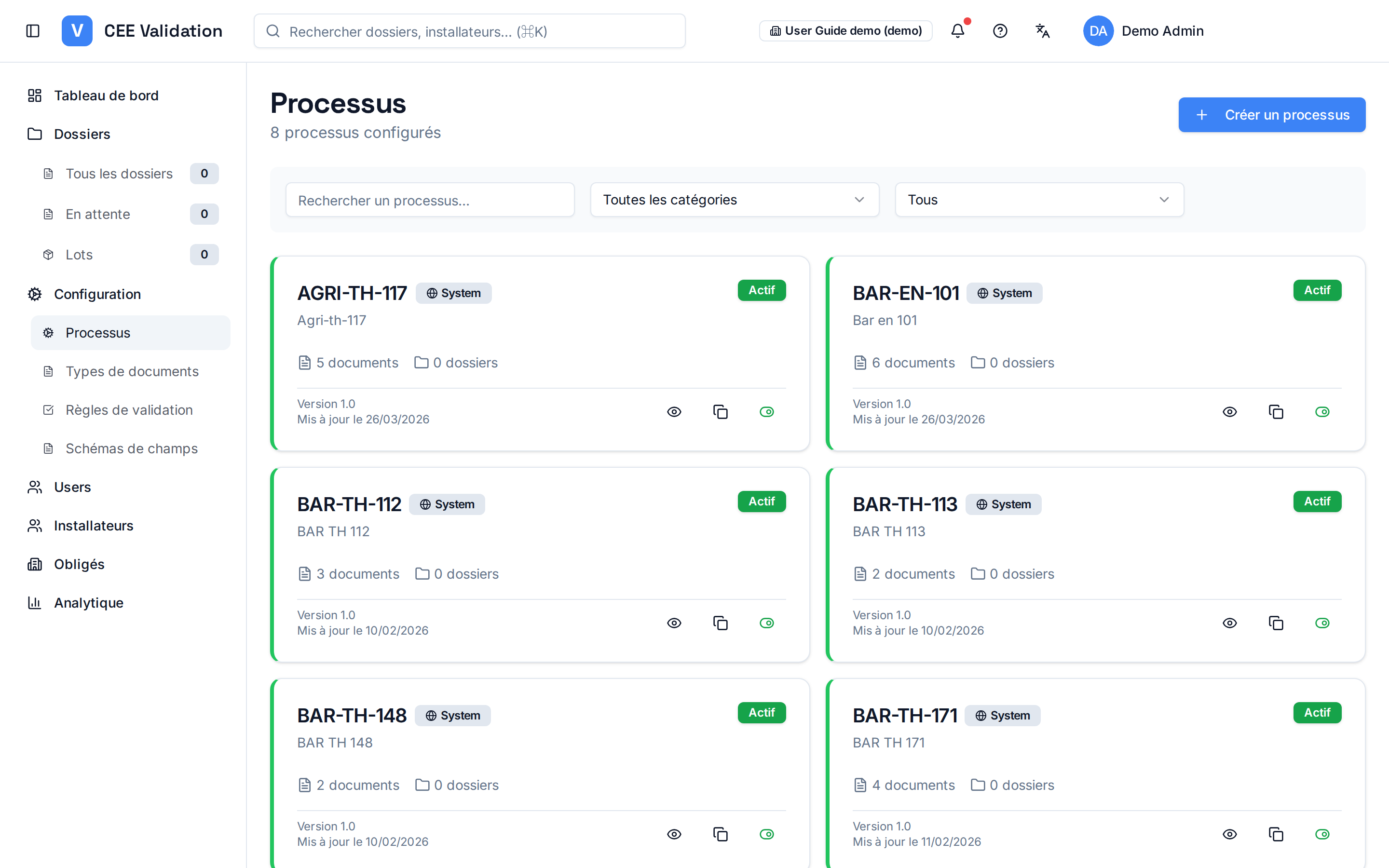 Processes page: CEE fiche card grid with System badge, Active/Draft status and actions.