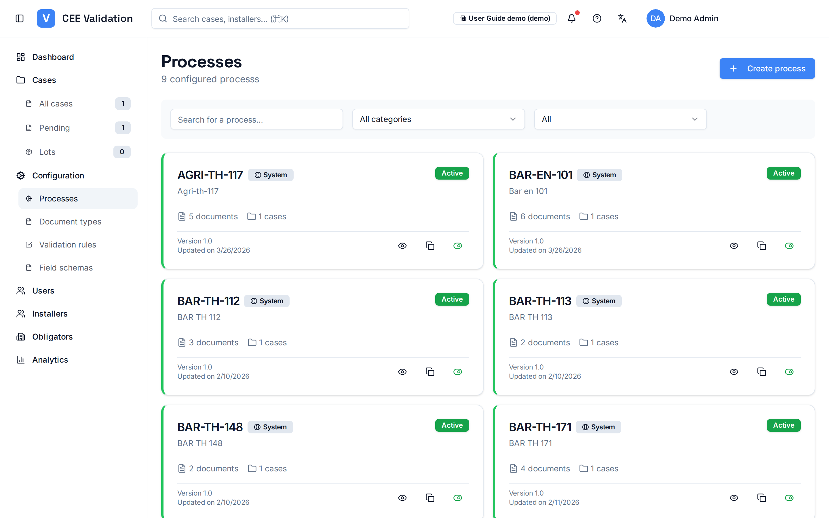 Processes page: CEE fiche card grid with System badge, Active/Draft status and actions.