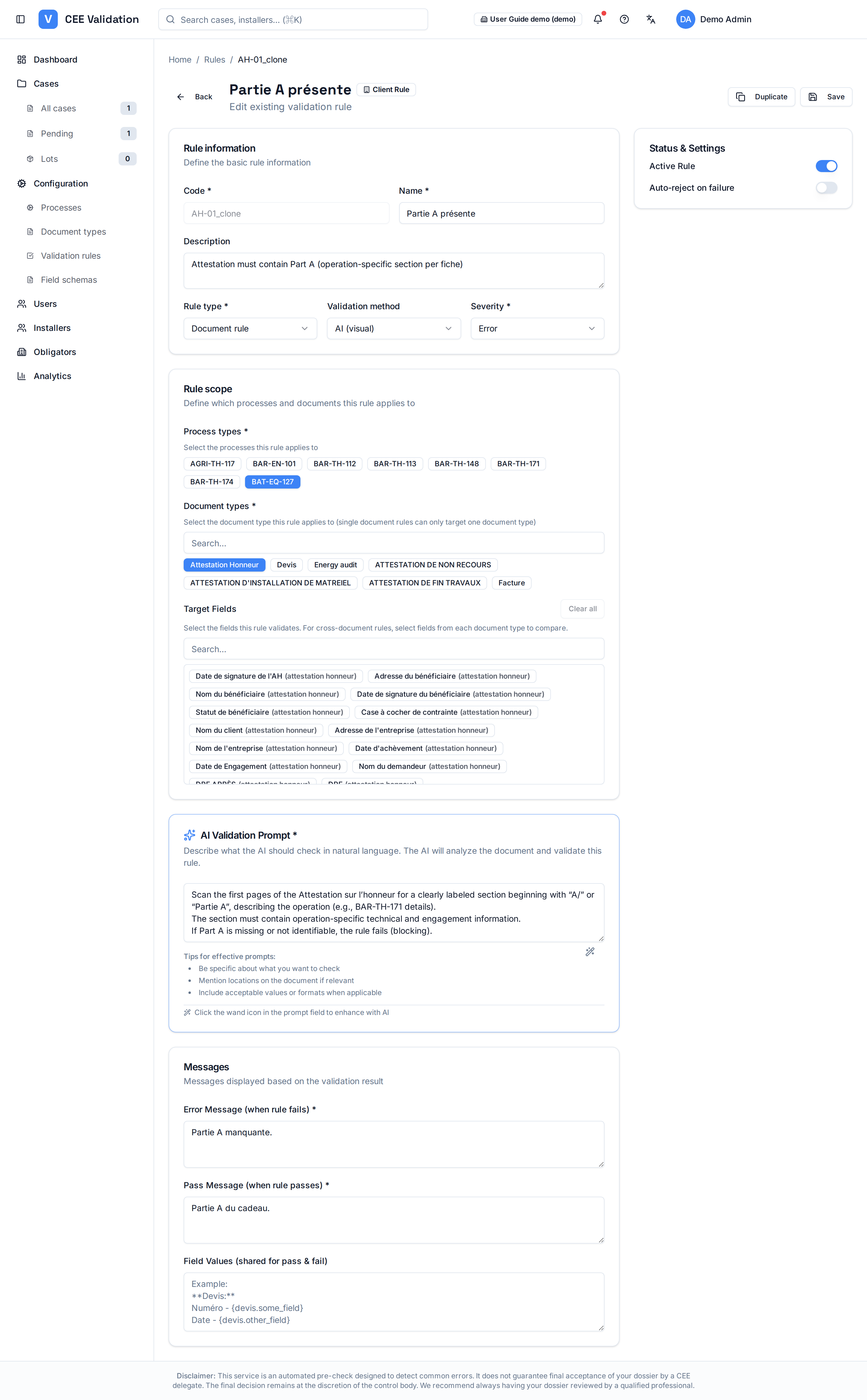 Rule editor: rule information, scope (process types, document types, target fields), AI validation prompt, messages and settings.