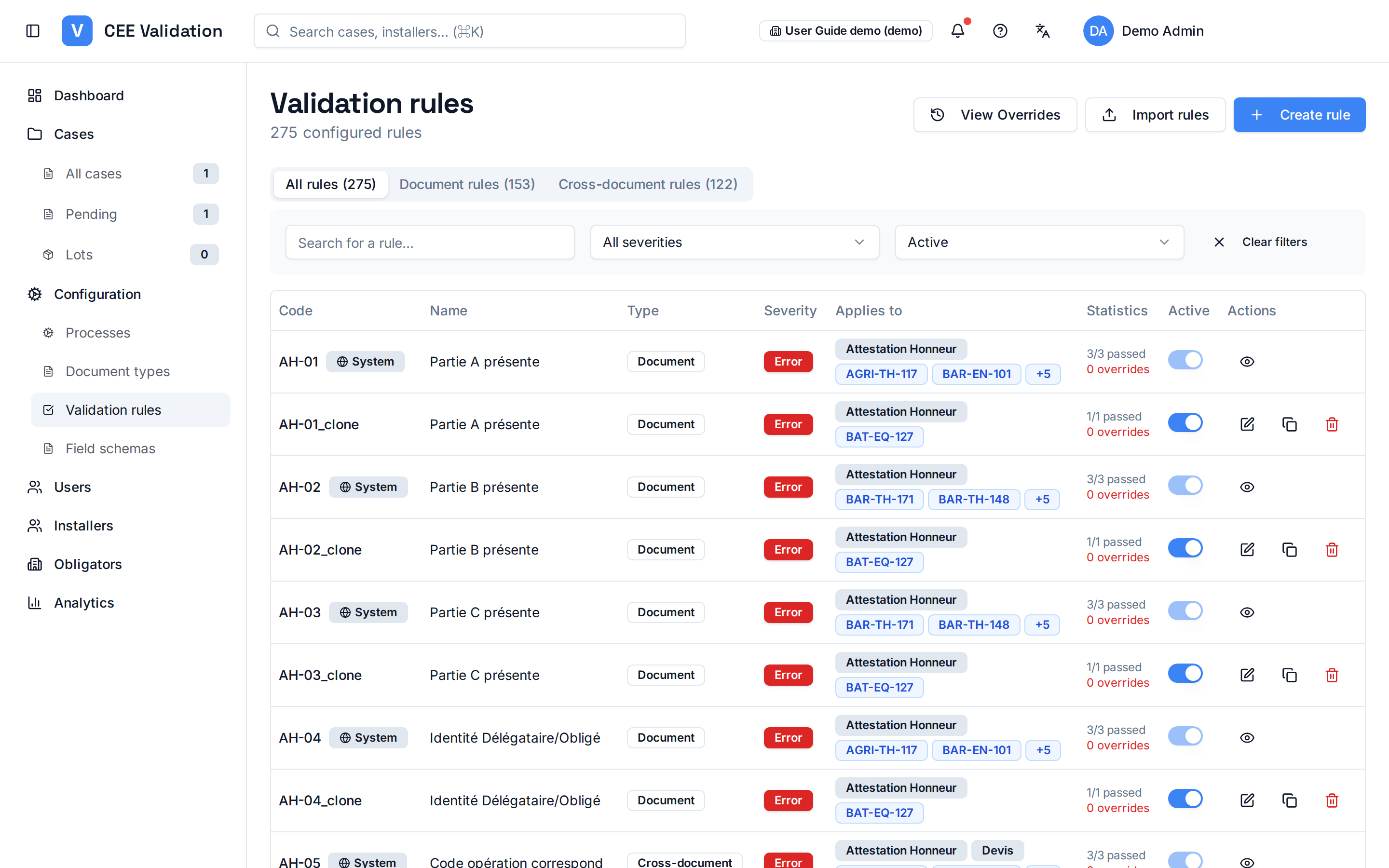 Rules page: All/Document/Cross-document tabs, pass-rate statistics and rule list with severity.