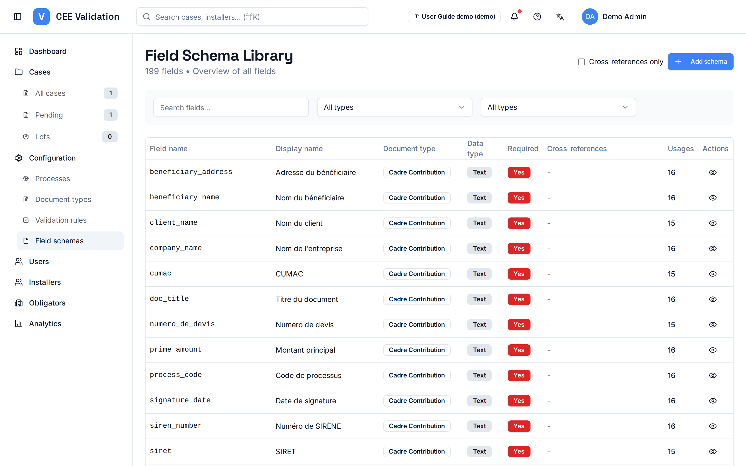 Field Schema Library: table of all fields with document type, data type, required flag, cross-references and usages.