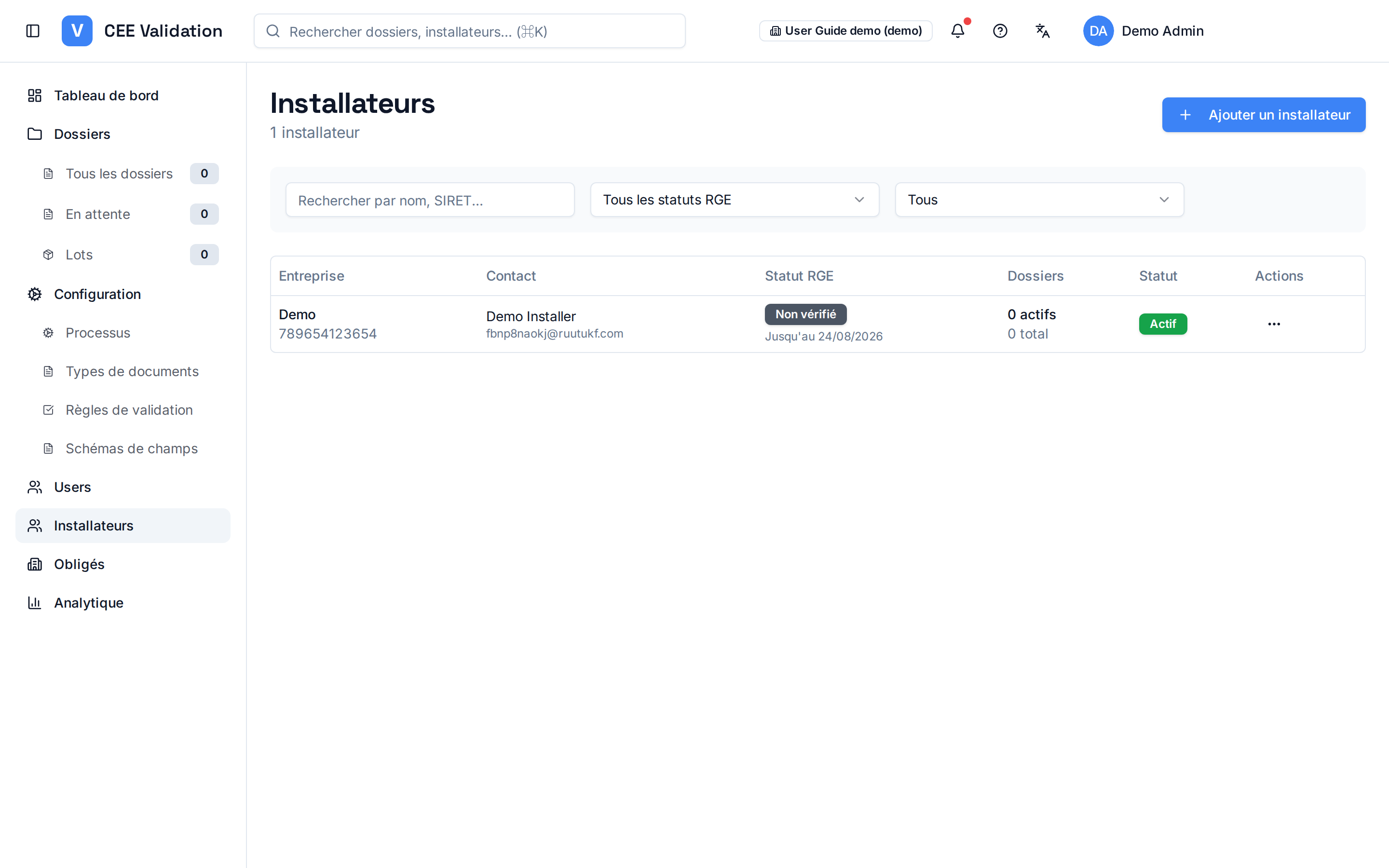 Installers page: installer table with RGE status, SIRET and dossier counts.
