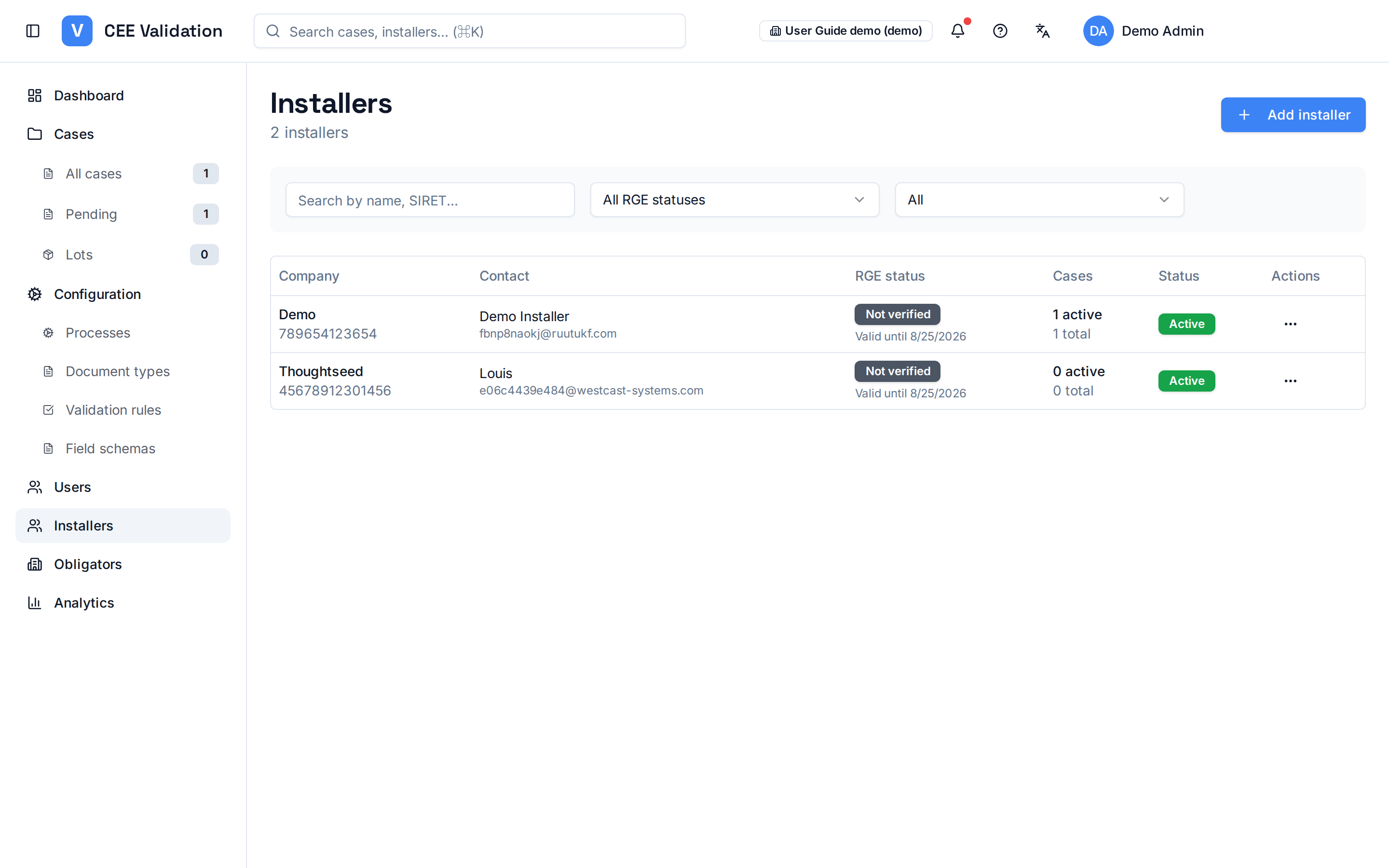 Installers page: installer table with RGE status, SIRET and dossier counts.