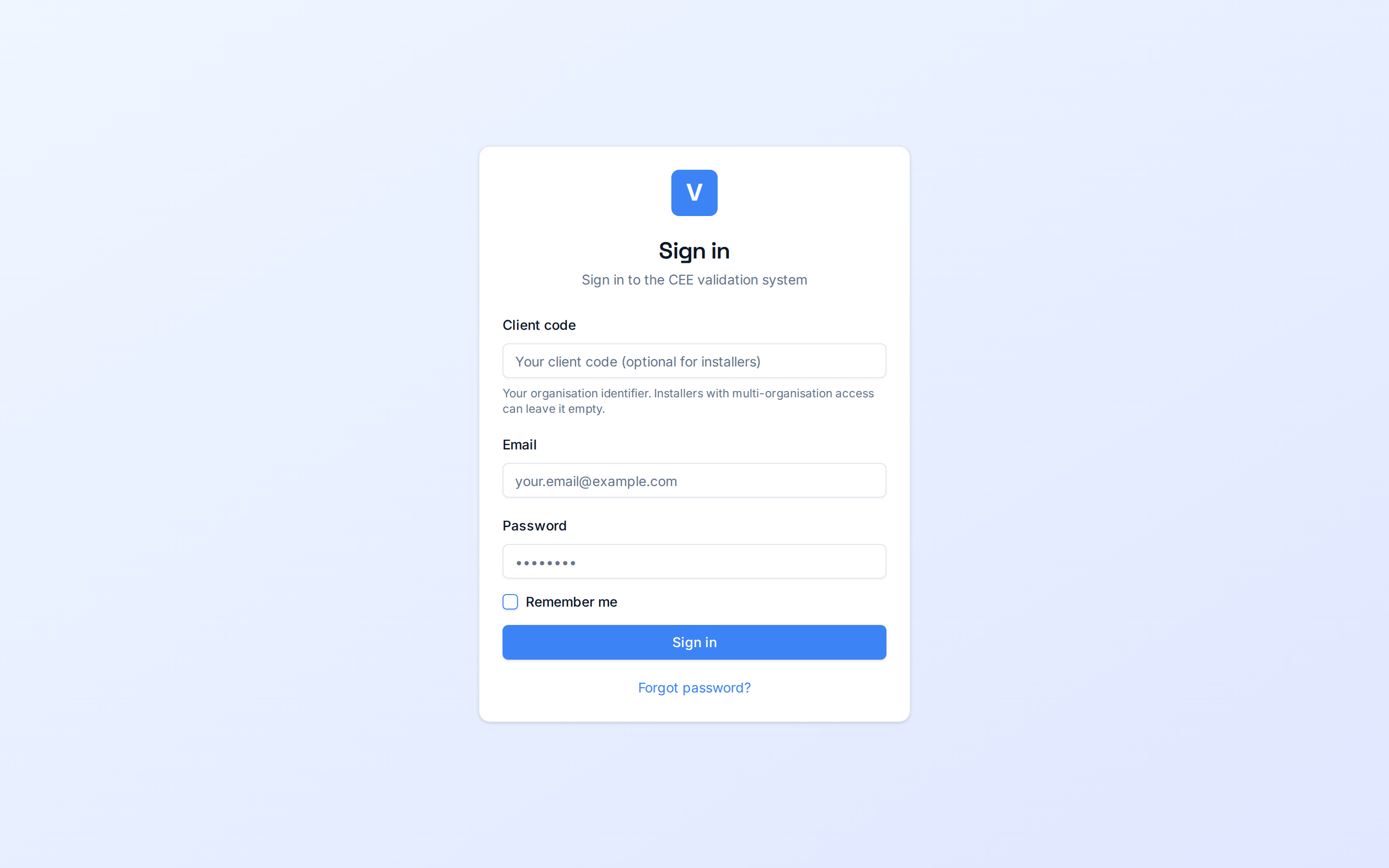 iverif sign-in page: Client Code, Email and Password fields with the Sign in button
