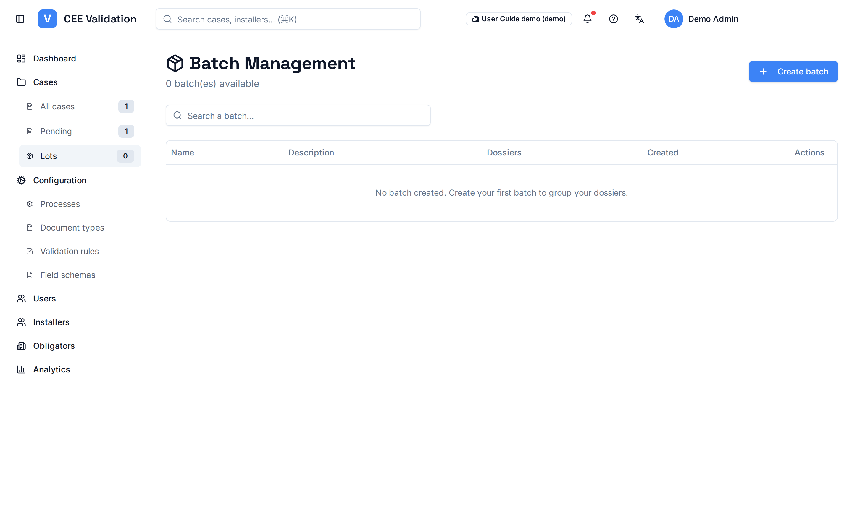 Batches page: batch list with name, description, dossier count and status.