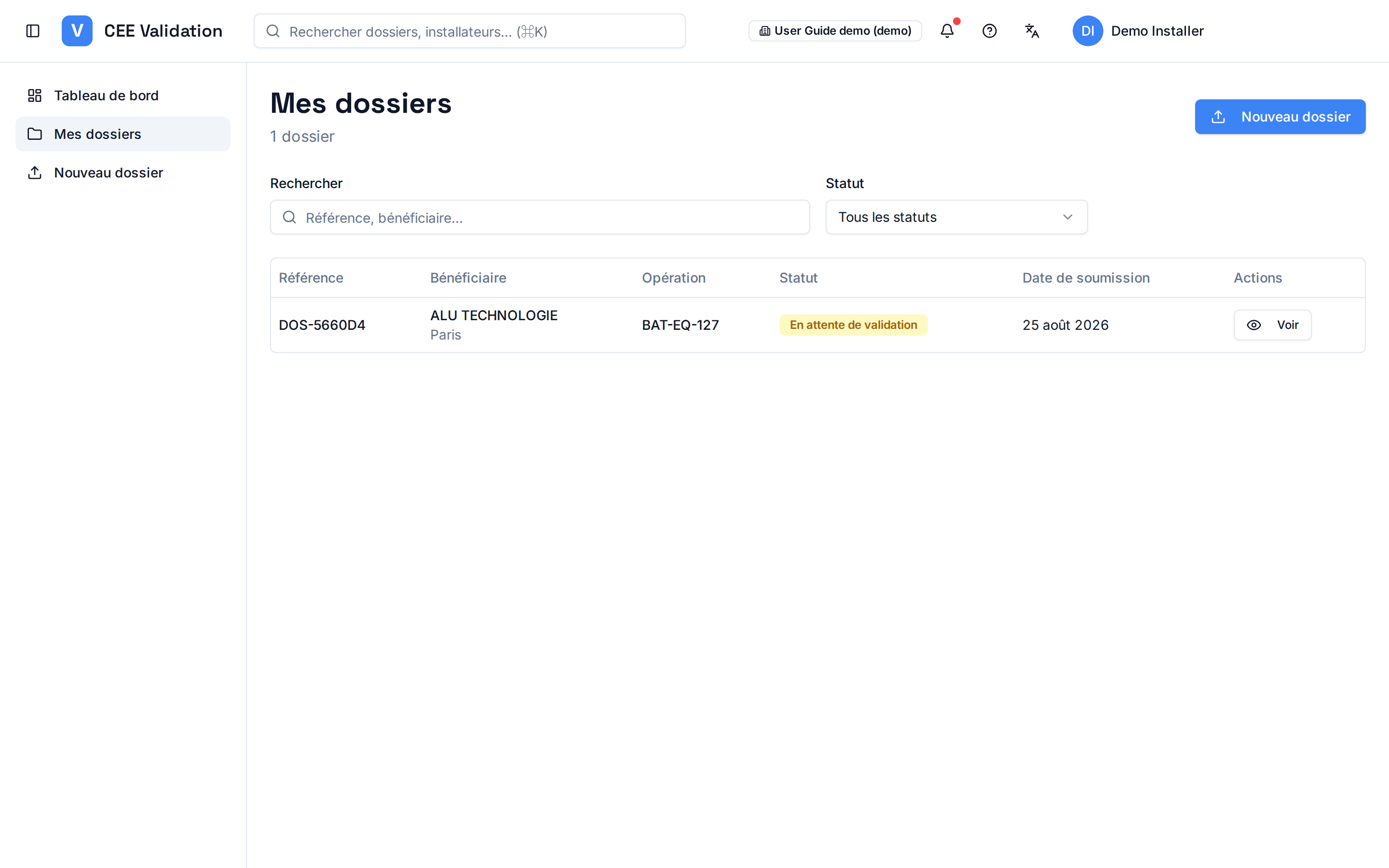 Installer Mes dossiers screen with one dossier: DOS-5660D4 (ALU TECHNOLOGIE, BAT-EQ-127 operation) with “En attente de validation” status