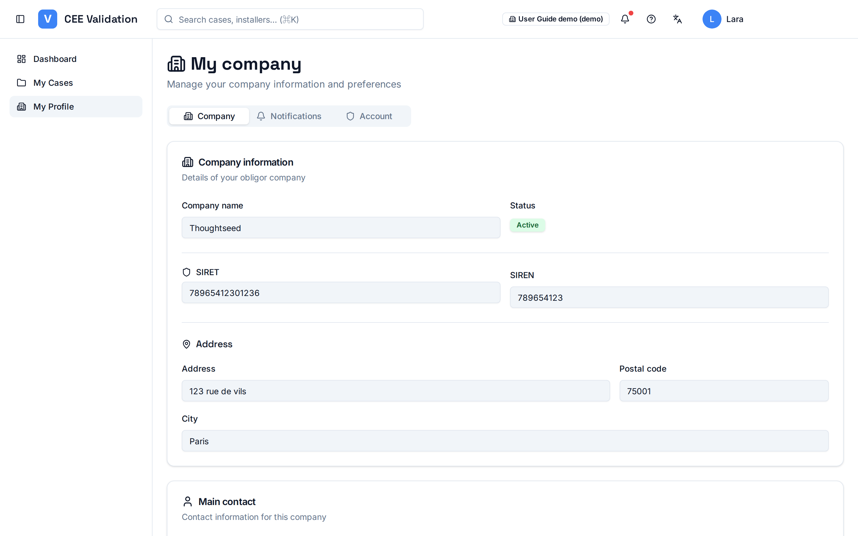 “My company” page: Company, Notifications and Account tabs, obligator company details (SIRET, address, status).