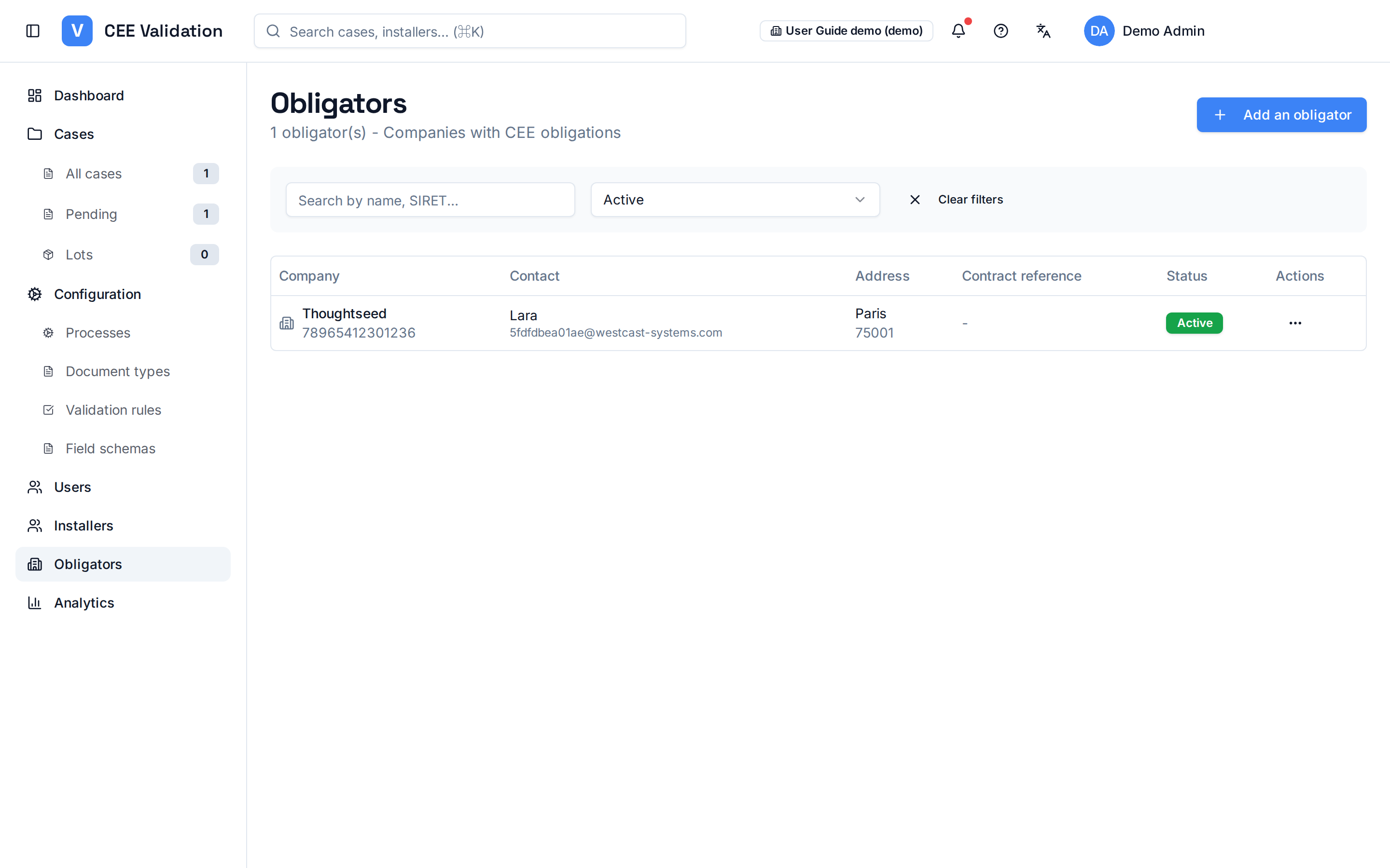 Obligators page: obligator companies table with SIRET, contract reference and actions.