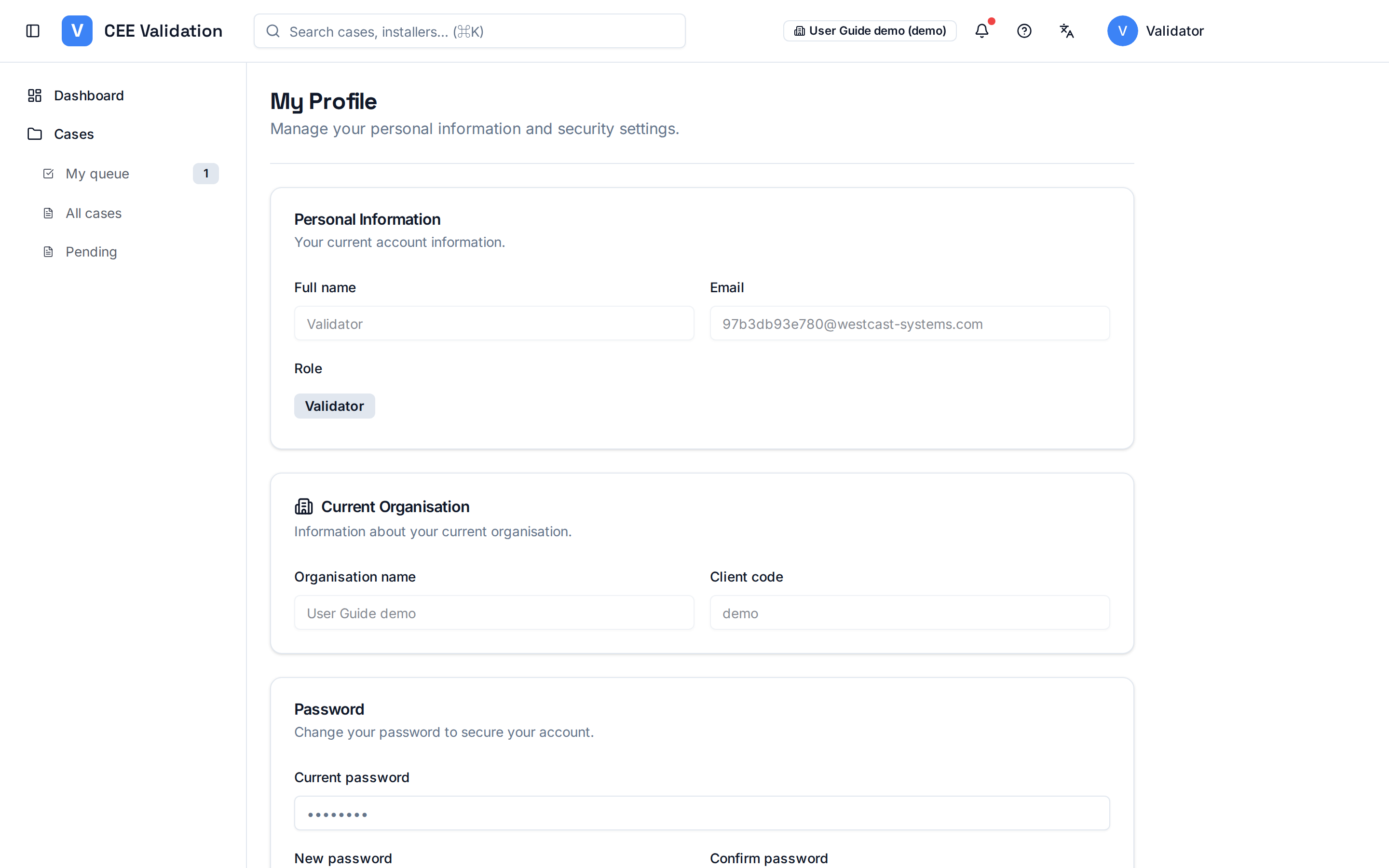 My Profile page: personal information, current organization and the password change form