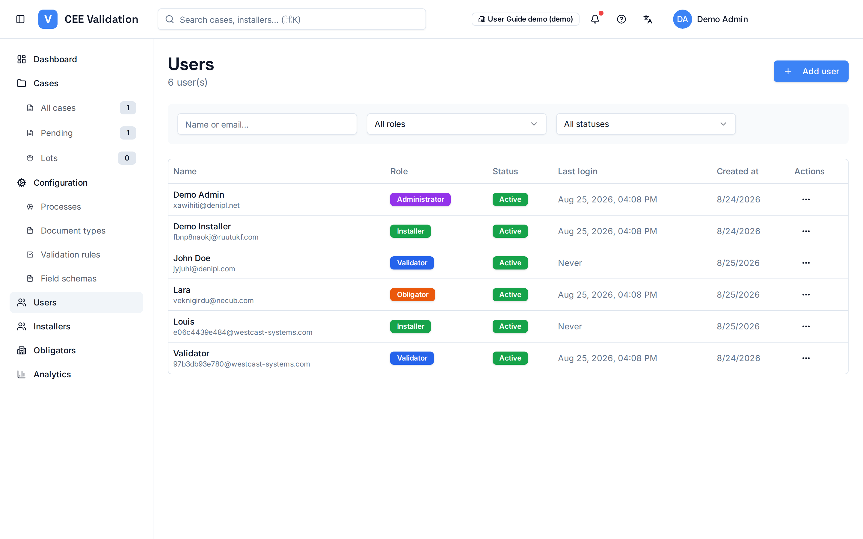 Users page: accounts table with role and status filters, add button top right.