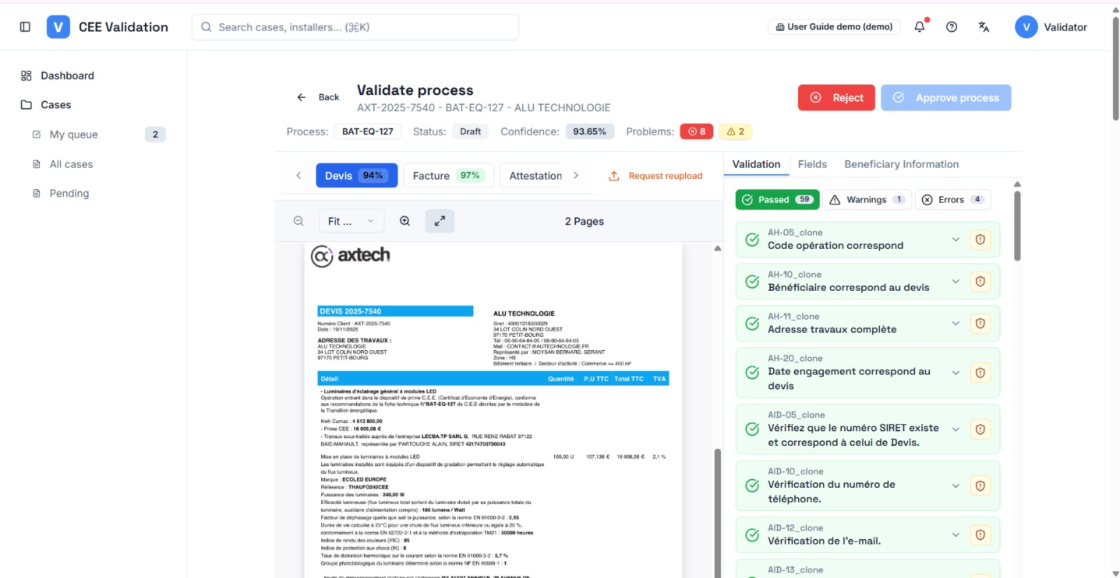 Validation workspace header with the red “Reject” and blue “Approve process” buttons, and the orange “Request reupload” button