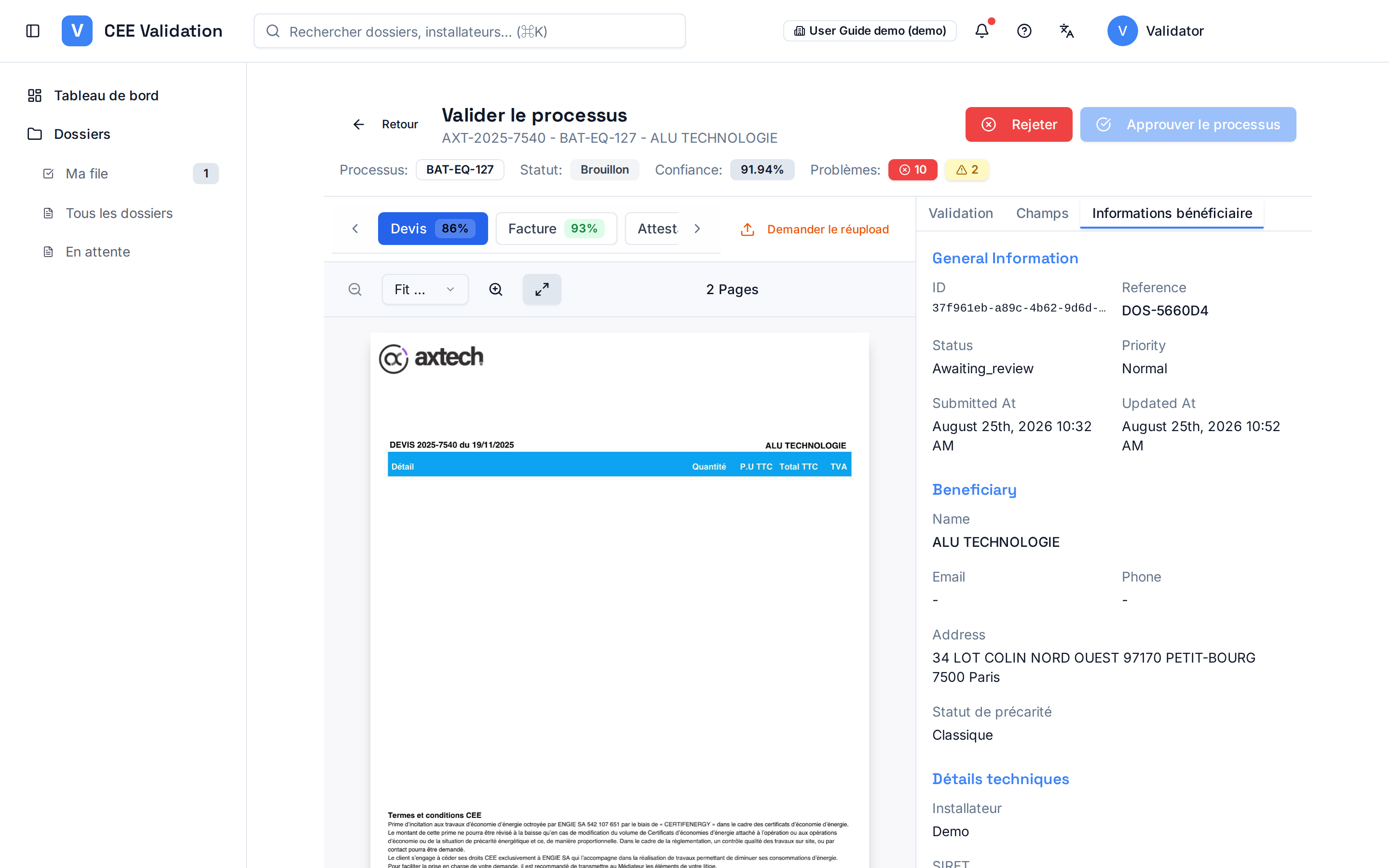 “Informations bénéficiaire” tab of the validation workspace: identity, address and precariousness situation of the dossier's beneficiary