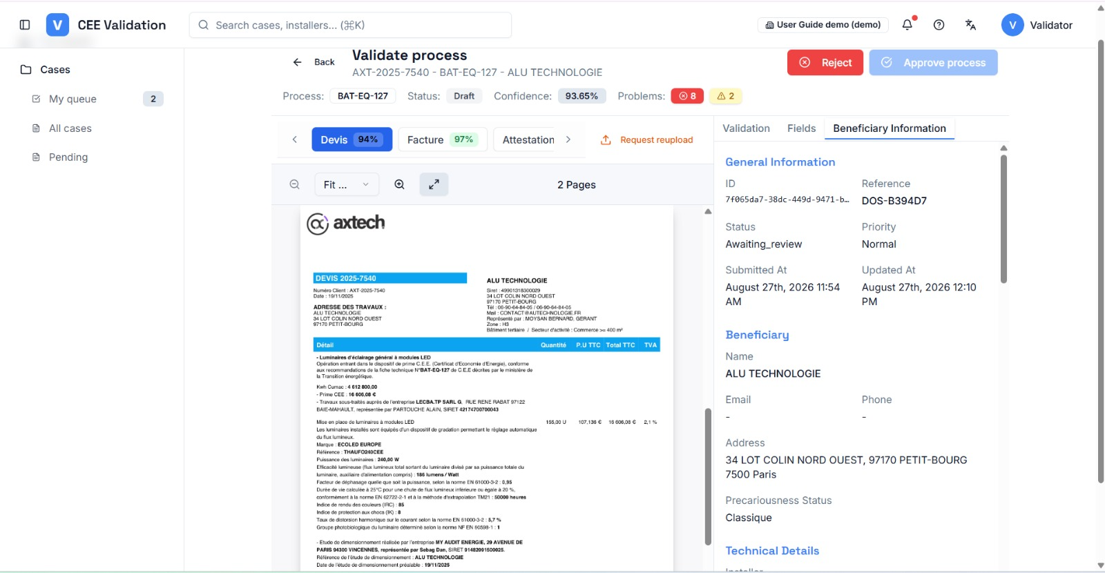 “Beneficiary Information” tab of the validation workspace: identity, address and precariousness situation of the dossier's beneficiary