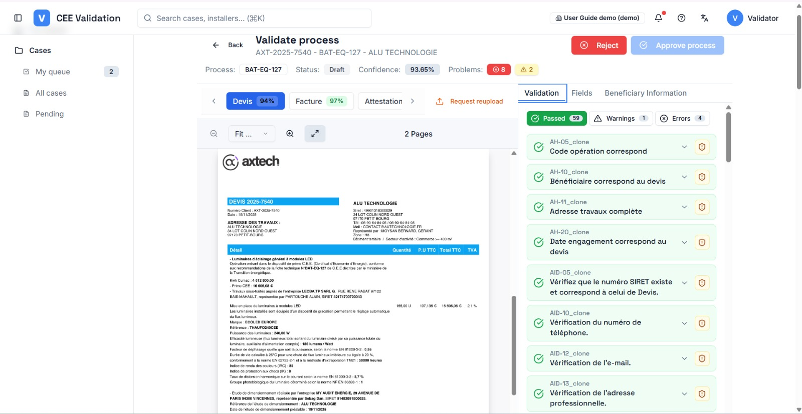 Validation workspace “Validate process” for dossier AXT-2025-7540: PDF on the left, Validation / Fields / Beneficiary Information tabs on the right, Reject and Approve process buttons in the header