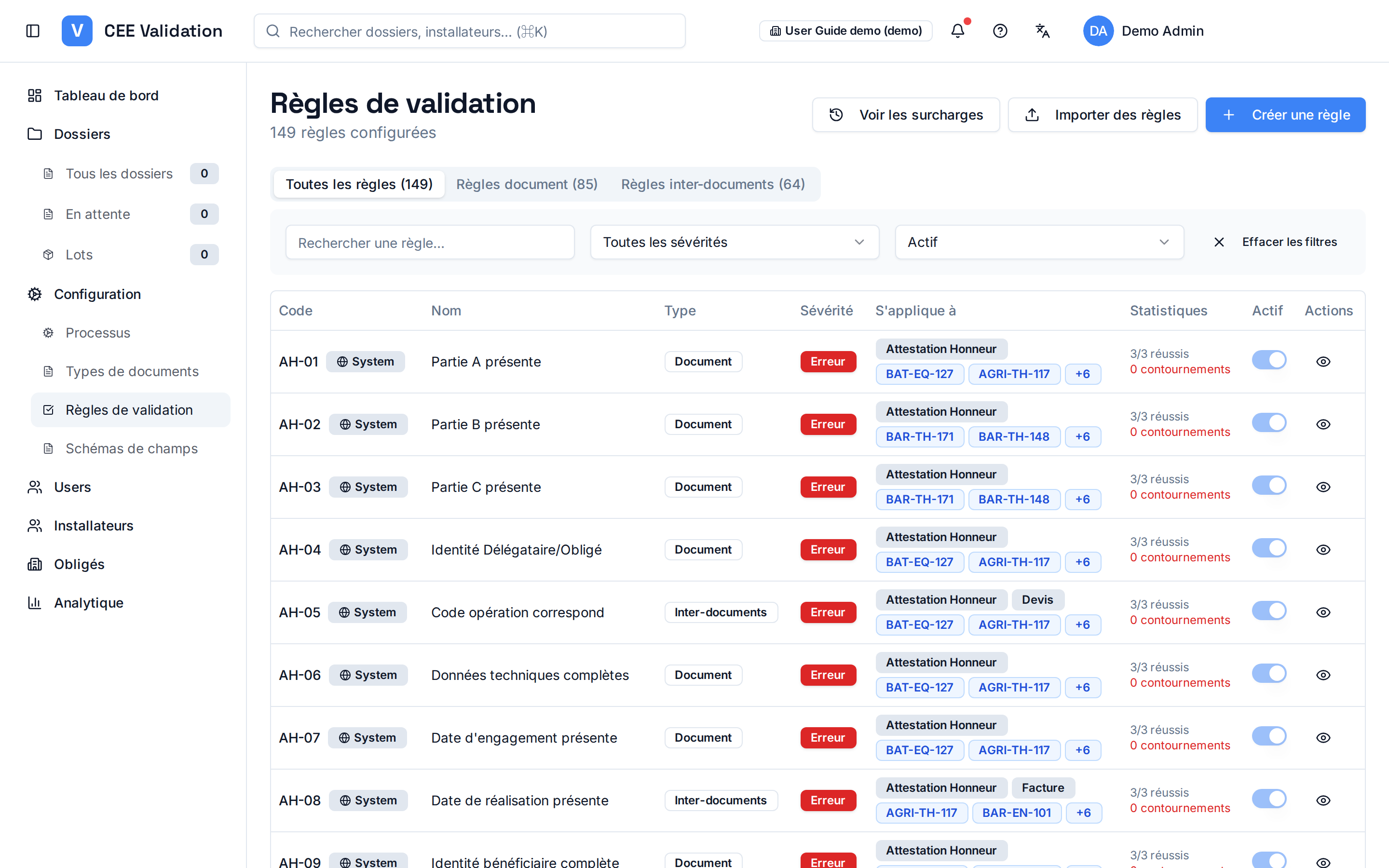 Page Règles : onglets Tous/Document/Inter-documents, statistiques de réussite et liste des règles avec sévérité.