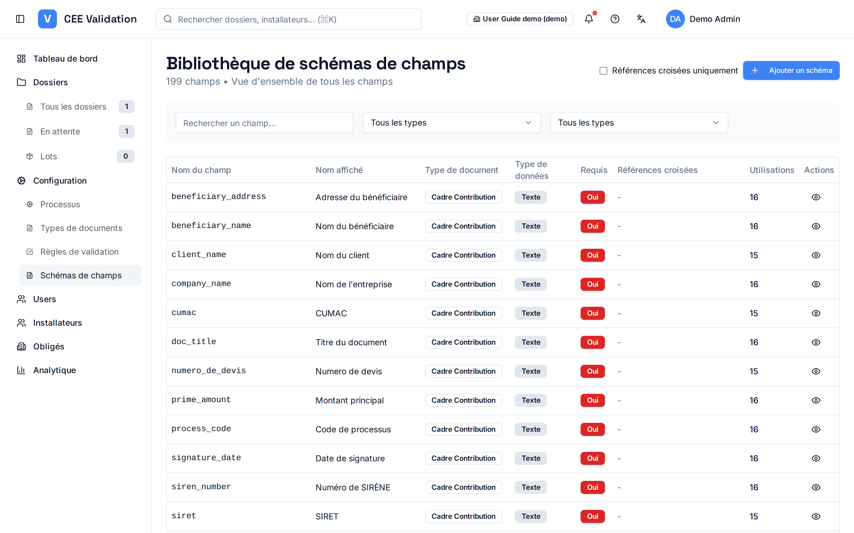 Bibliothèque de schémas de champs : tableau de tous les champs avec type de document, type de données, caractère requis, références croisées et usages.