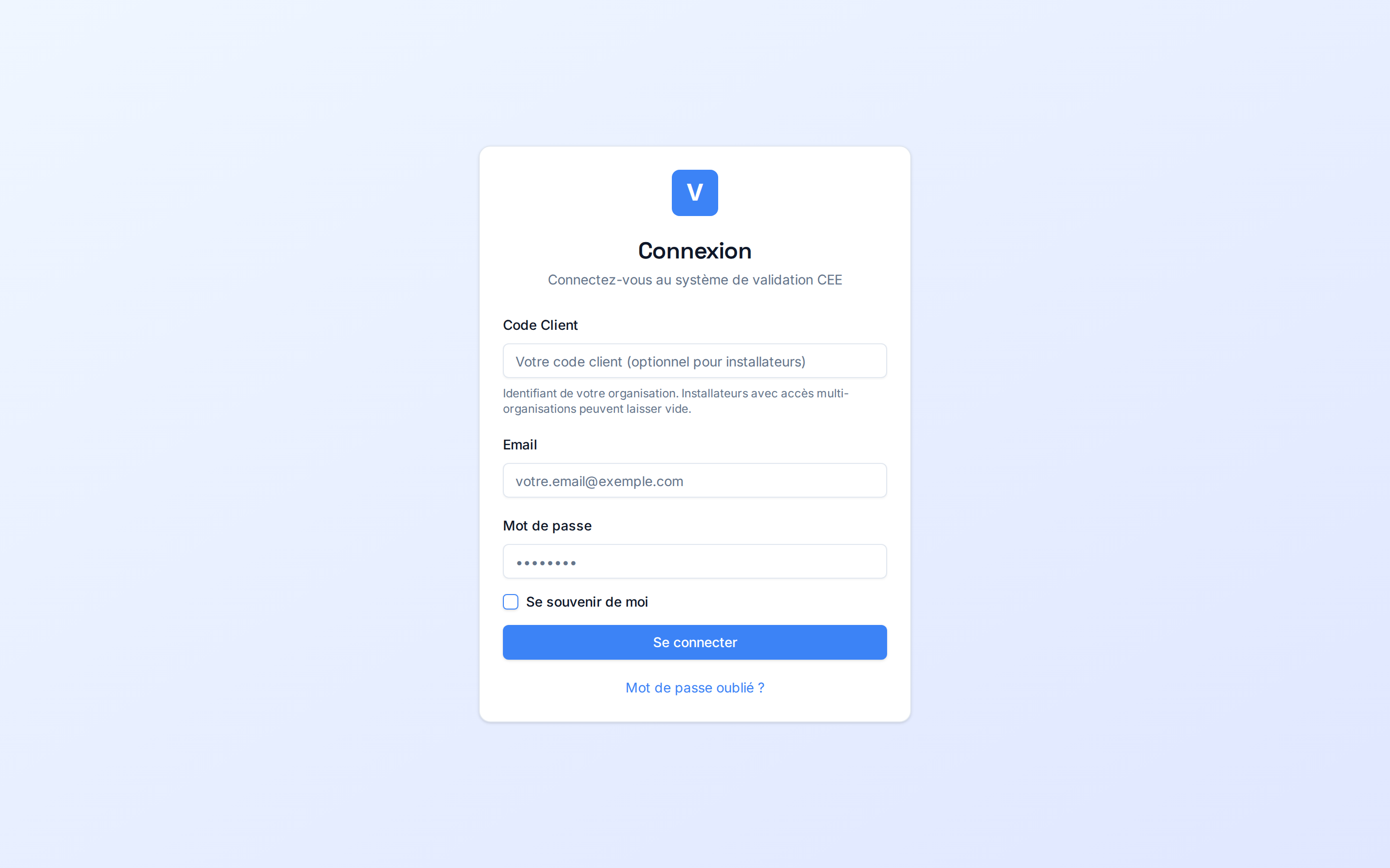 Page de connexion iverif : champs Code Client, Email et Mot de passe, bouton Se connecter
