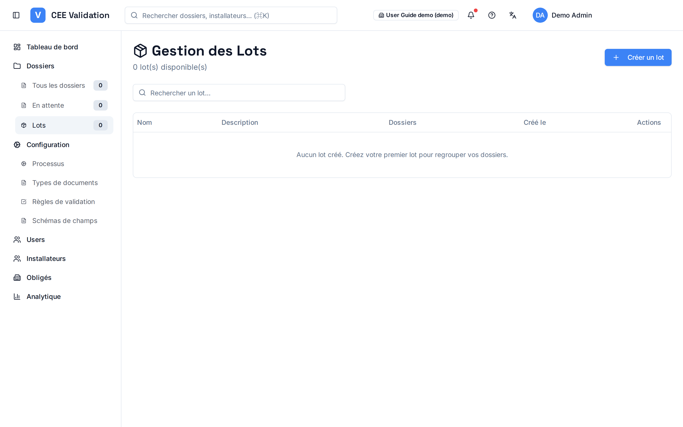 Page Lots : liste des lots avec nom, description, nombre de dossiers et statut.