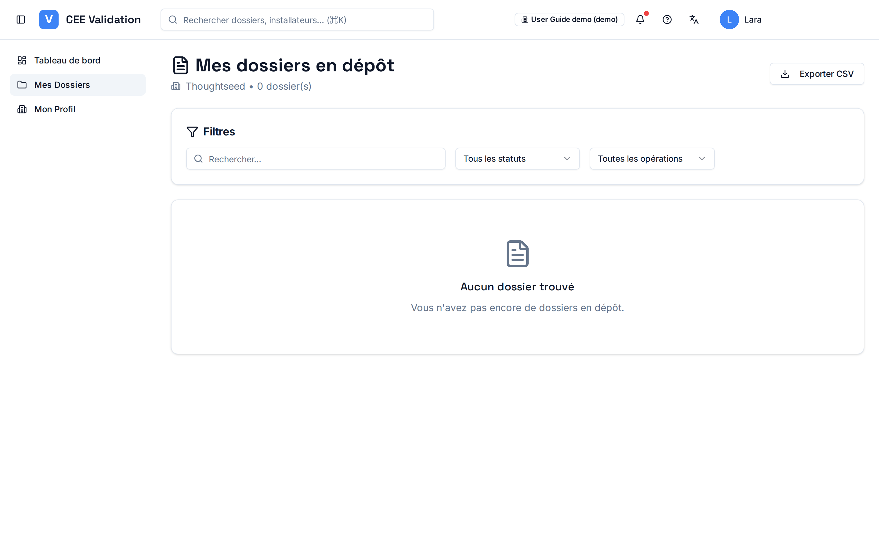 Page « Mes dossiers en dépôt » : filtres de recherche, statut et opération, bouton Exporter CSV.