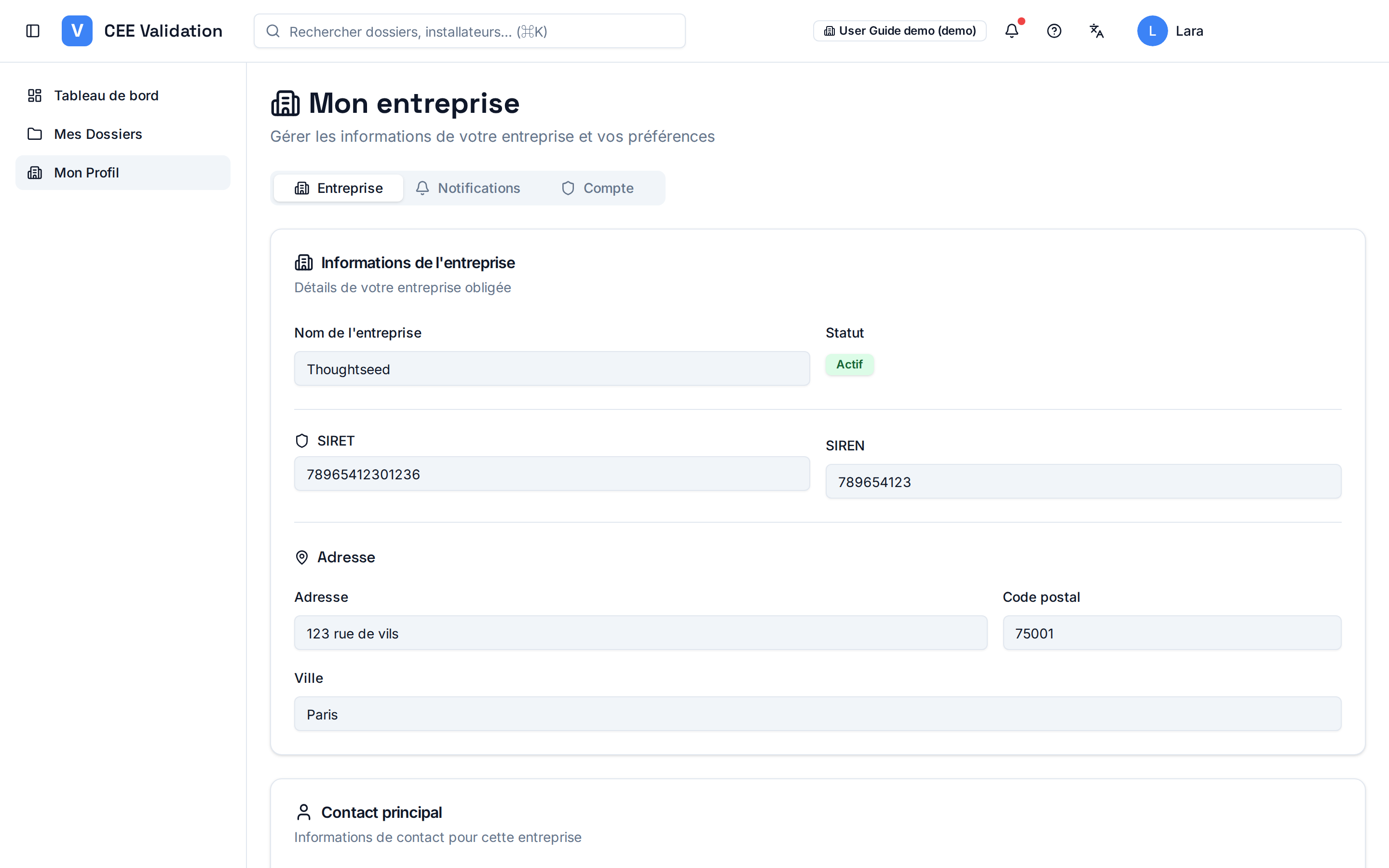 Page « Mon entreprise » : onglets Entreprise, Notifications et Compte, informations de l'entreprise obligée (SIRET, adresse, statut).