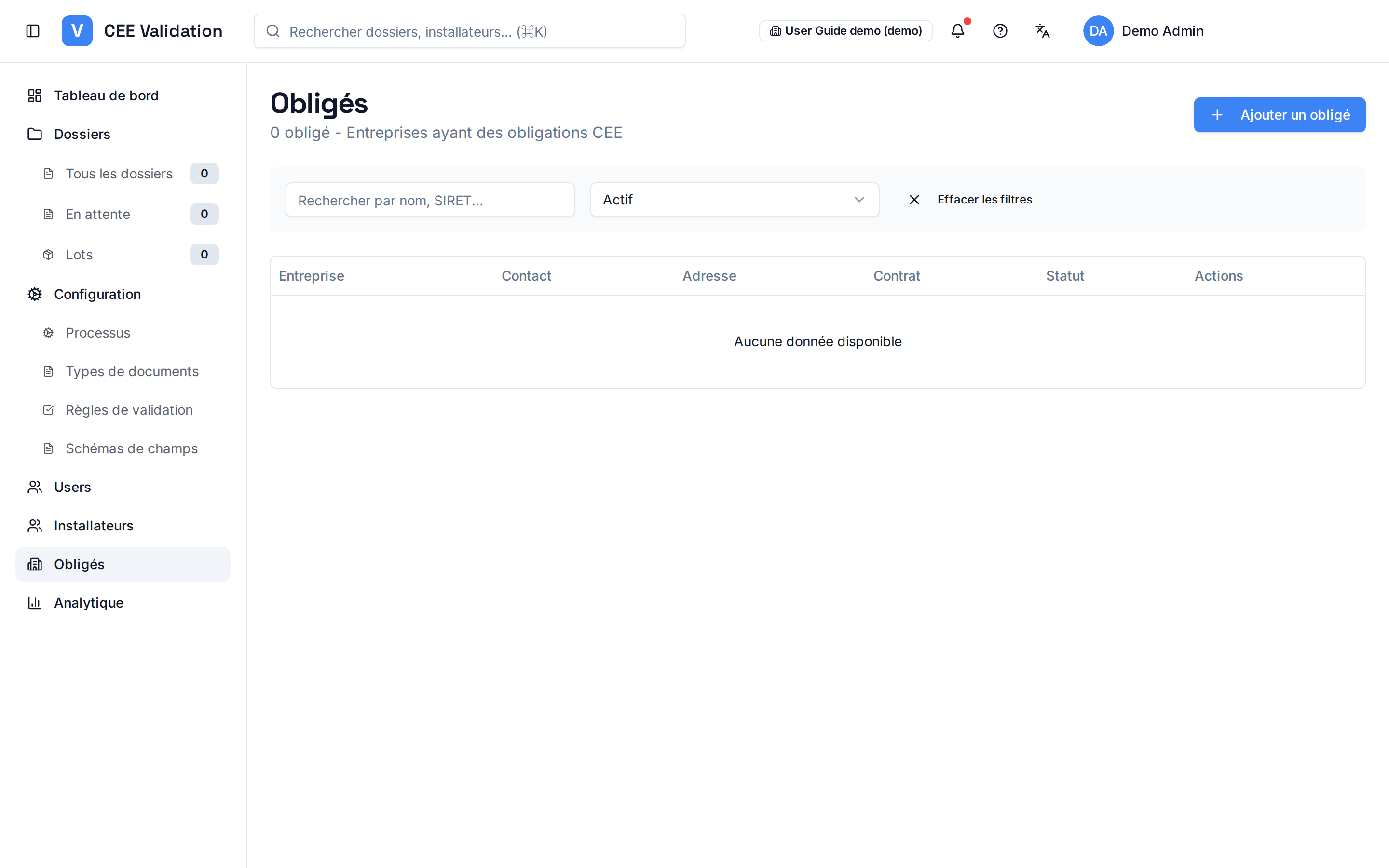 Page Obligés : tableau des entreprises obligées avec SIRET, référence contrat et actions.