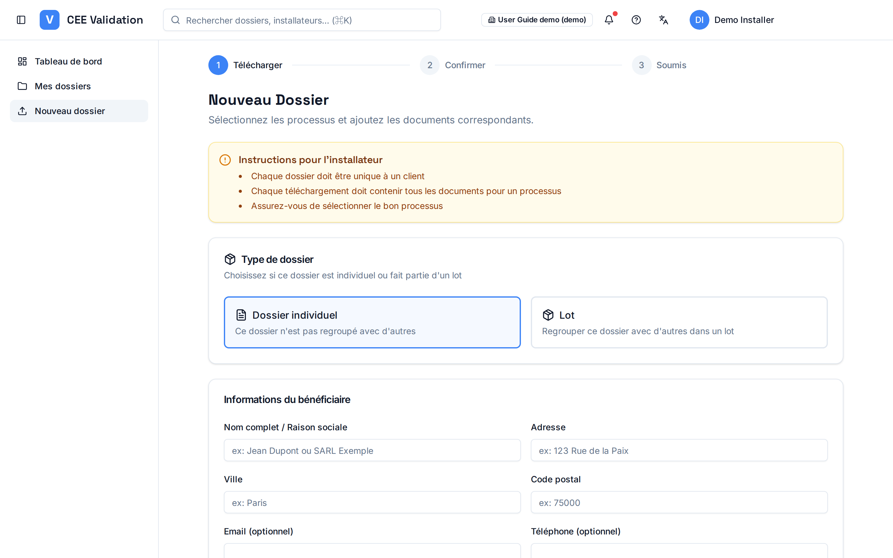 Étape 1 de l'assistant Nouveau Dossier : type de dossier (individuel ou lot) puis informations du bénéficiaire