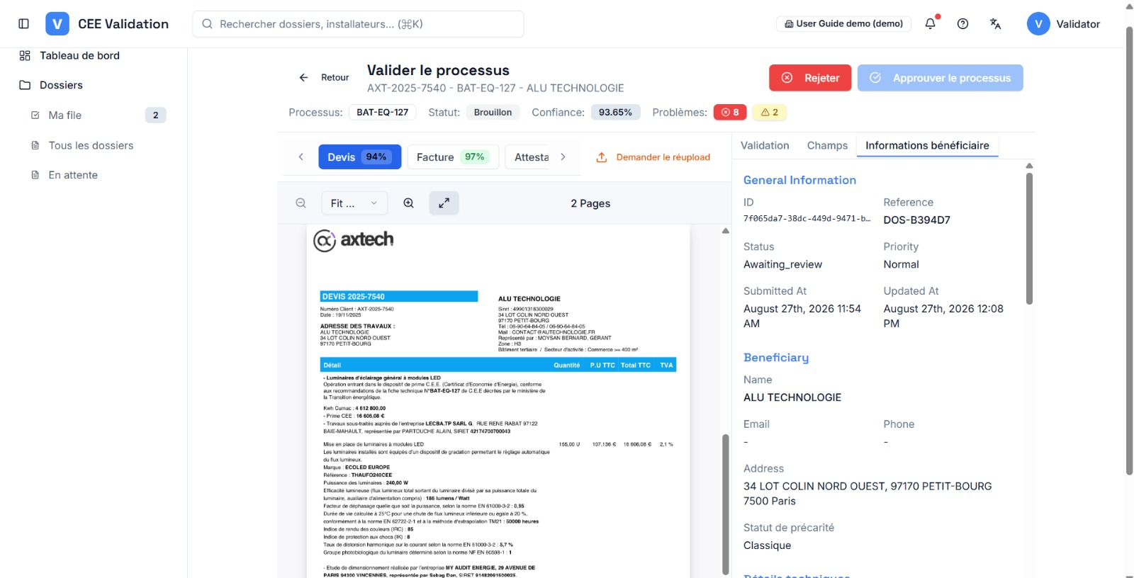 Onglet « Informations bénéficiaire » de l'espace de validation : identité, adresse et situation de précarité du bénéficiaire du dossier