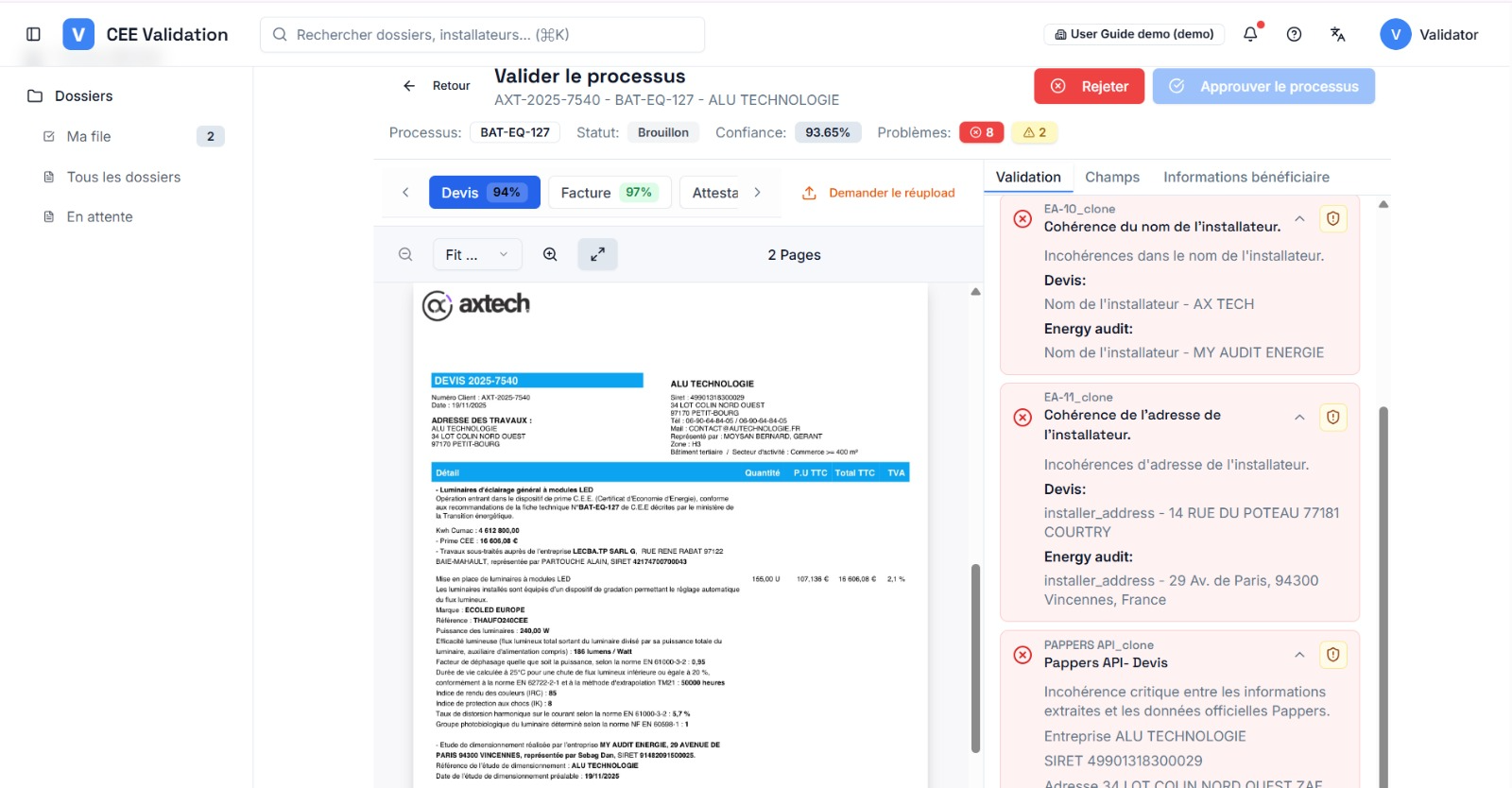 Onglet Validation filtré sur les erreurs : les règles en échec affichent les valeurs comparées entre documents (Cadre Contribution contre Devis) et une icône de dérogation
