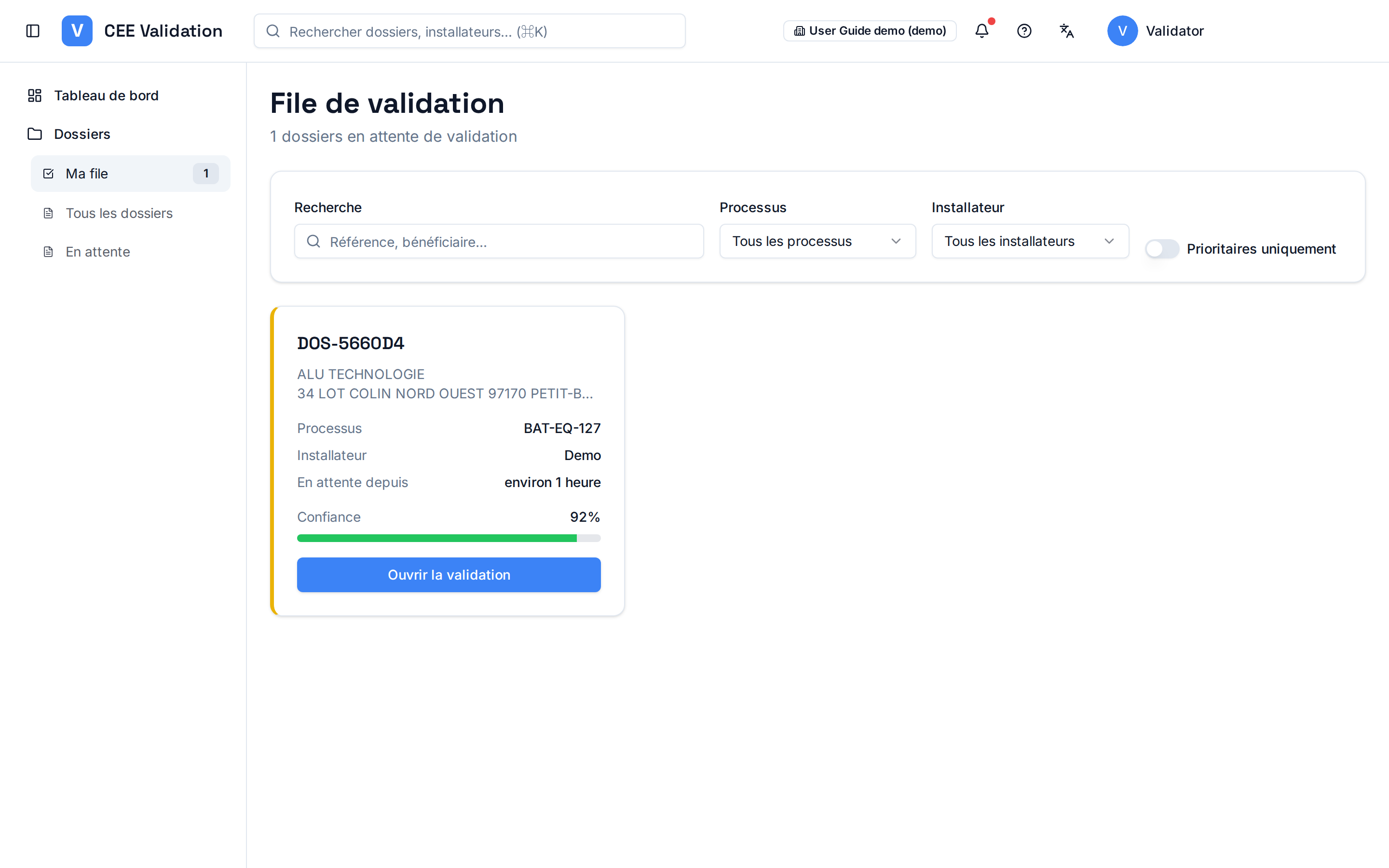 Écran Ma file du valideur, ici sans dossier en attente sur le compte de démonstration