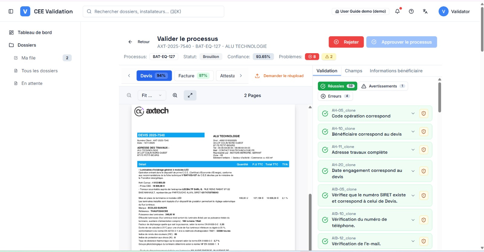 Espace de validation « Valider le processus » du dossier AXT-2025-7540 : PDF à gauche, onglets Validation / Champs / Informations bénéficiaire à droite, boutons Rejeter et Approuver le processus dans l'en-tête